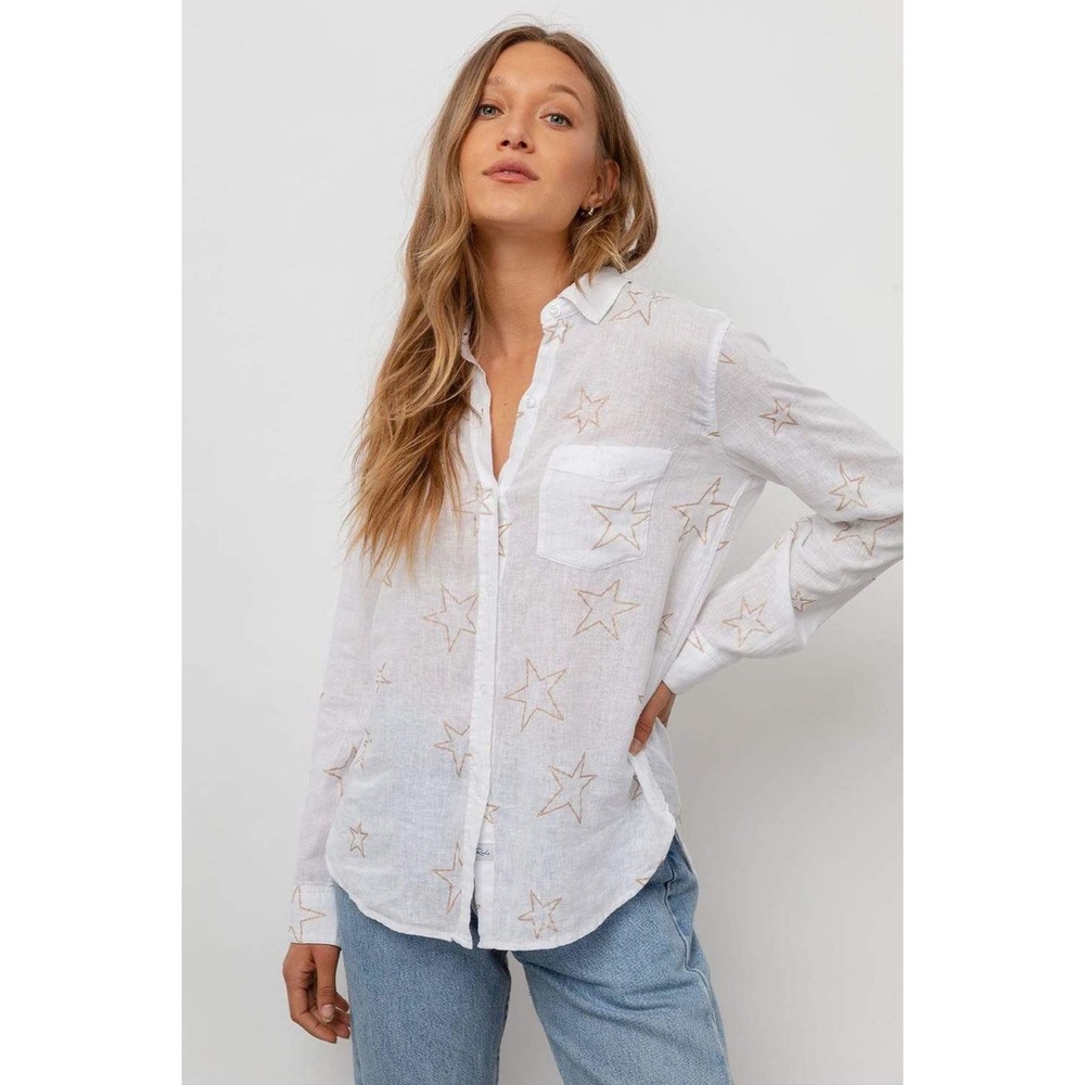 Rails Charli Starstruck Linen Blend Star Button Down Shirt White XS NWT